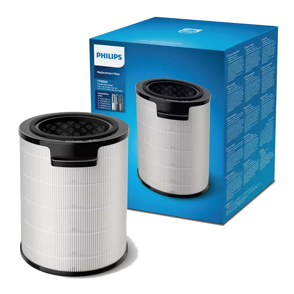 Philips Luftfilter-Ersatz. Zwei Filter mit einer Box auf schwarzem Hintergrund.