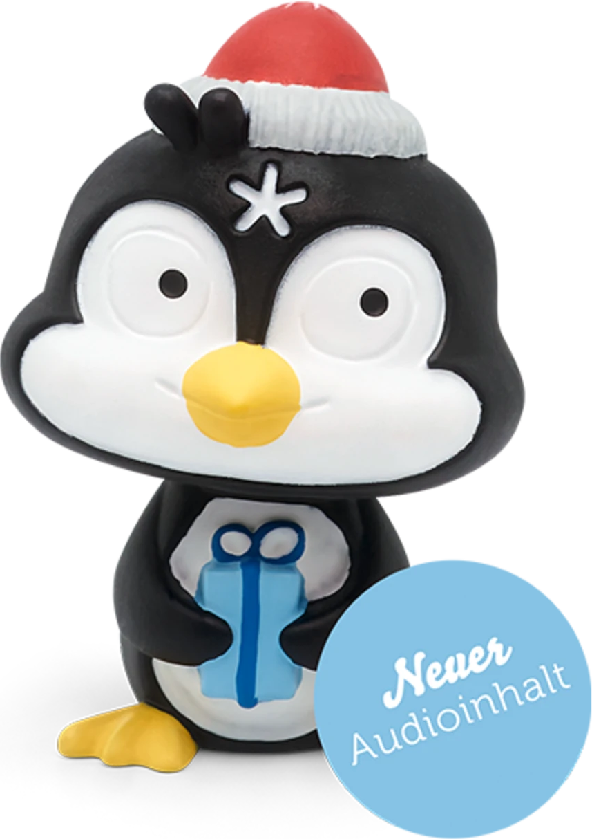 Una statuetta di pinguino con un cappello di Babbo Natale, che tiene un regalo. Un'etichetta dice 'Nuovo contenuto audio'.