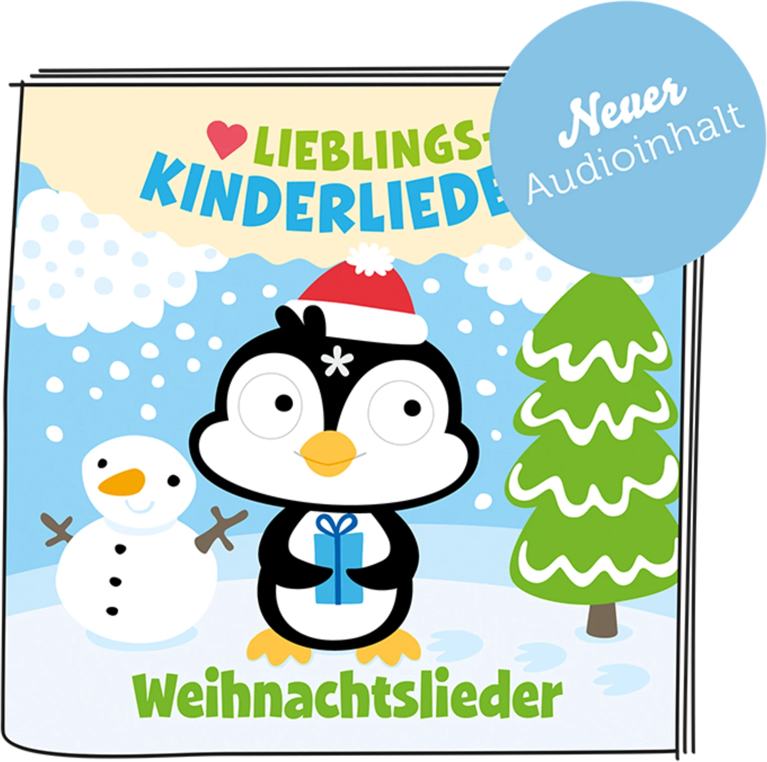 Una copertina di un libro per bambini con un pinguino che tiene un regalo, un pupazzo di neve, un albero di Natale e neve.