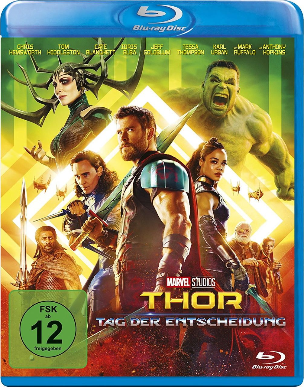 Thor: Tag der Entscheidung Blu-ray-Cover, mit Thor und anderen Marvel-Charakteren.