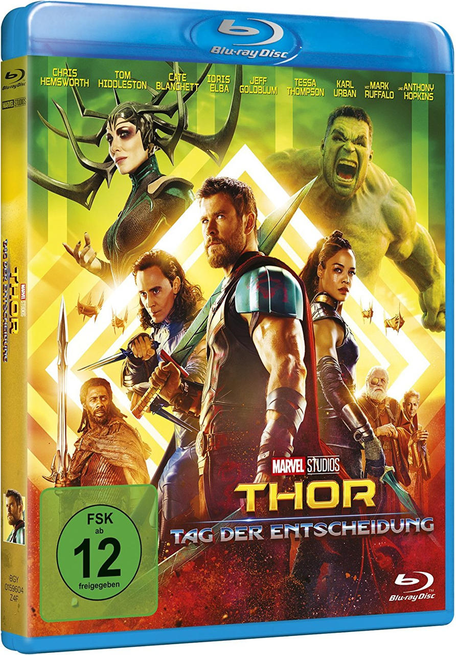 Blu-ray-Disc von Thor: Tag der Entscheidung mit mehreren Charakteren auf dem Cover, in einer blauen Hülle.