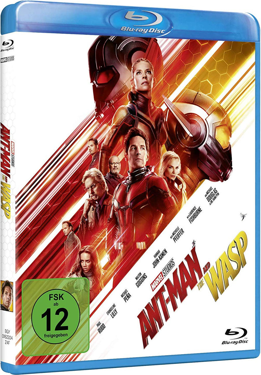 Blu-ray-Disc-Cover, Filmtitel 'Ant-Man and the Wasp', mit Charakteren und Logos.
