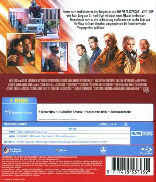 Rückseite der Ant-Man and the Wasp Blu-ray Disc. Enthält Bilder von Schauspielern und Text in mehreren Sprachen.