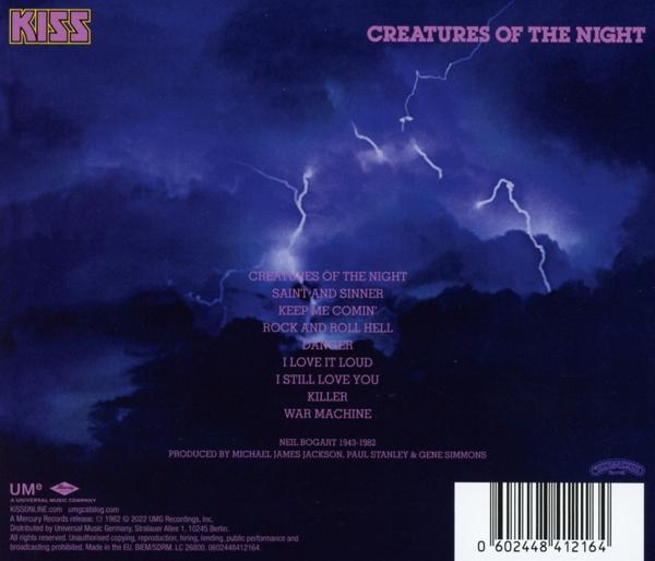 Albumcover mit Blitz und Text. Titel 'Creatures of the Night' steht oben. KISS ist die Band.