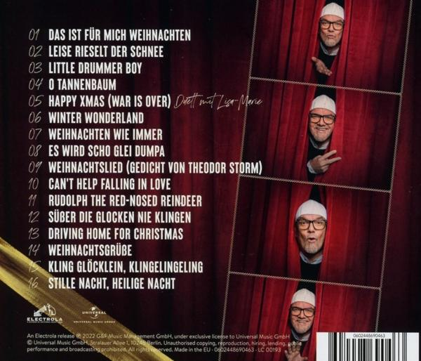 CD-Cover mit Text und Mann mit Brille, Weihnachtsthema.
