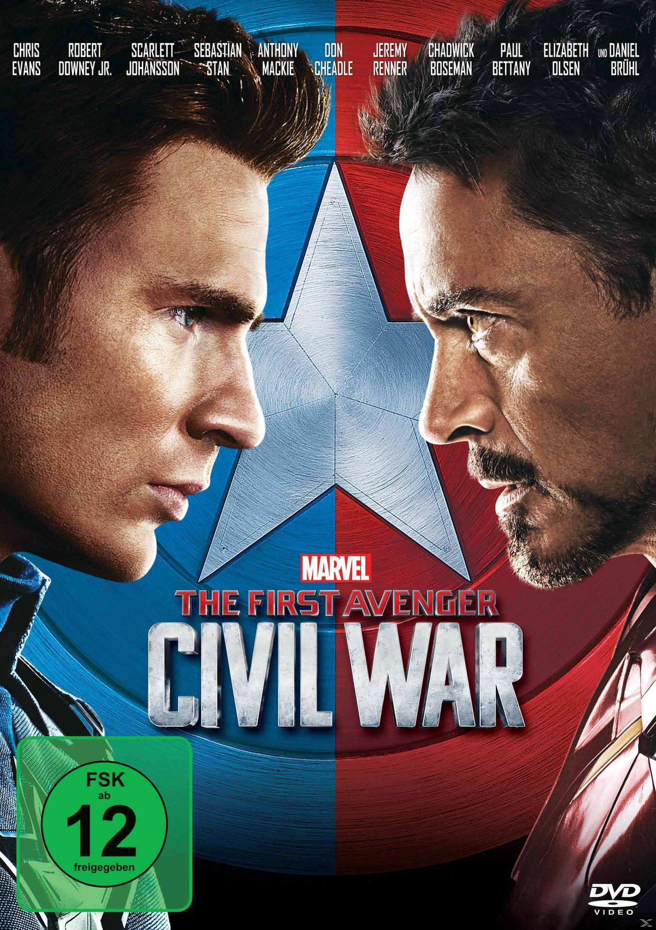 Filmposter: Captain America und Iron Man stehen sich gegenüber. Schild im Hintergrund.