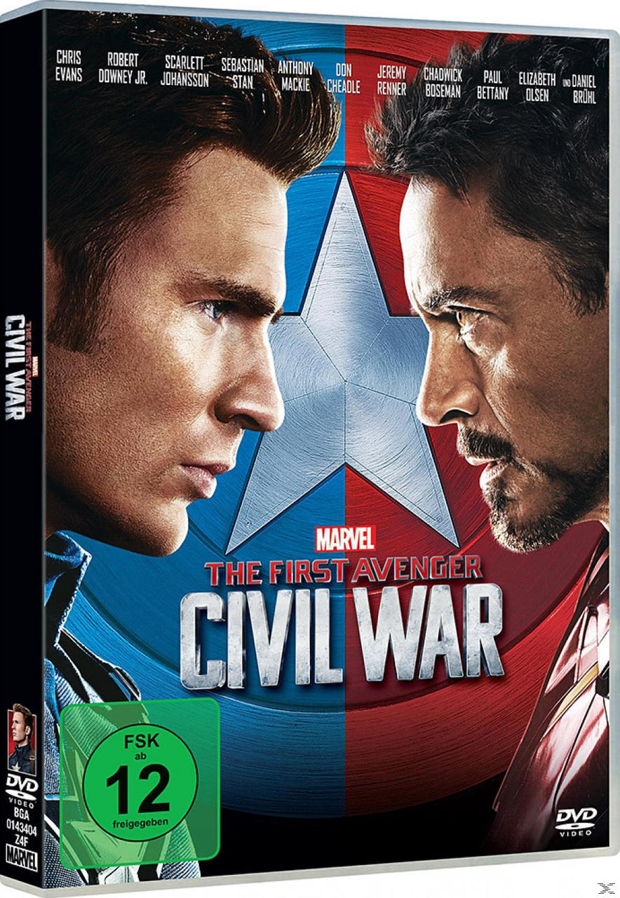 DVD-Cover für Marvels Captain America: Civil War, mit Chris Evans und Robert Downey Jr.