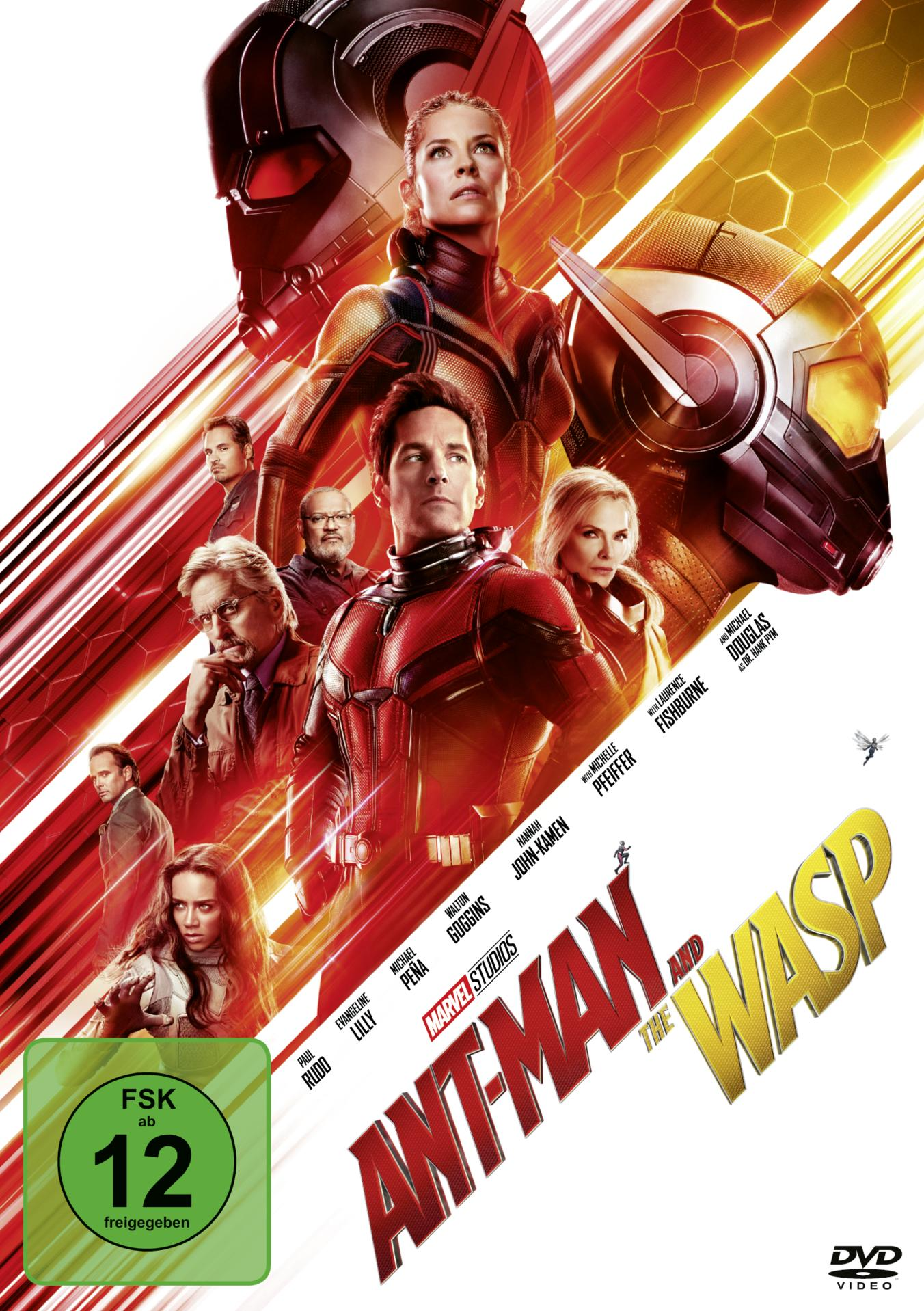 DVD-Cover von 'Ant-Man and the Wasp', mit Schauspielern und Superhelden-Motiv.
