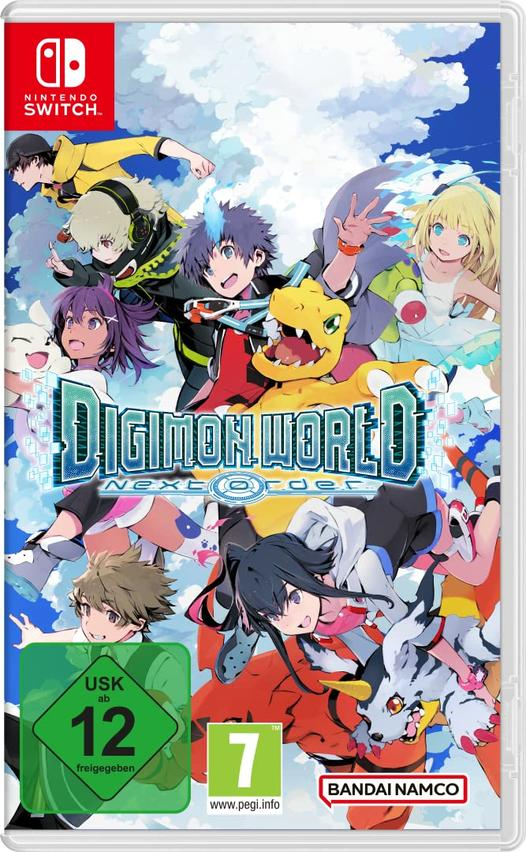 Spielcover: "Digimon World Next Order". Anime-Charaktere, grünes USK 12-Logo, Spieletitel, weißer Hintergrund.