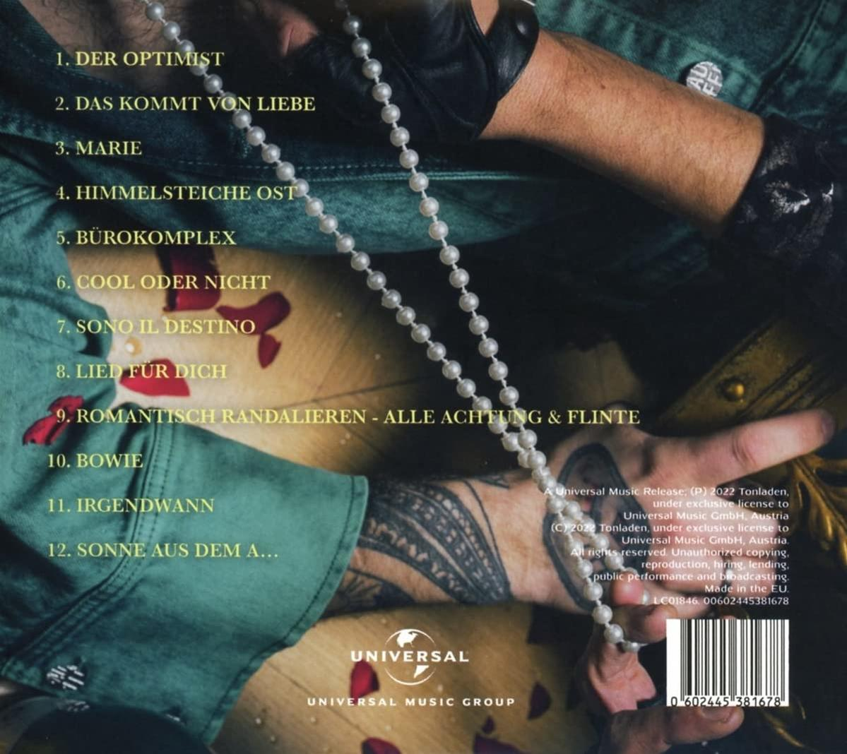 Albumcover. Arm mit Tattoo und Perlenkette. Albumtitel und Titelliste sind sichtbar.