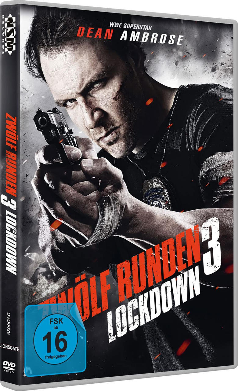 DVD-Hülle für den Film '12 Rounds 3: Lockdown'. Zeigt einen Schauspieler mit einer Waffe, mit blauem Rating-Logo.