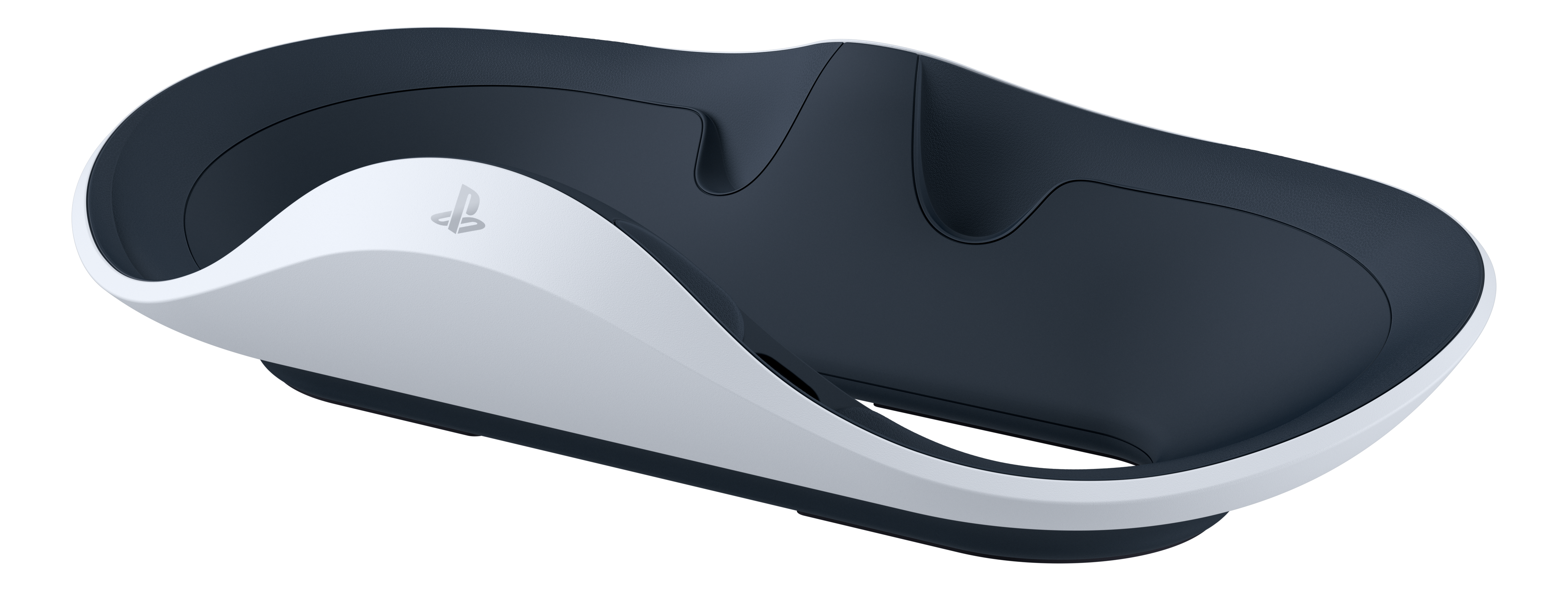 Weiße und blaue Playstation 5 Ladestation. Weißer Hintergrund. Playstation-Logo oben.