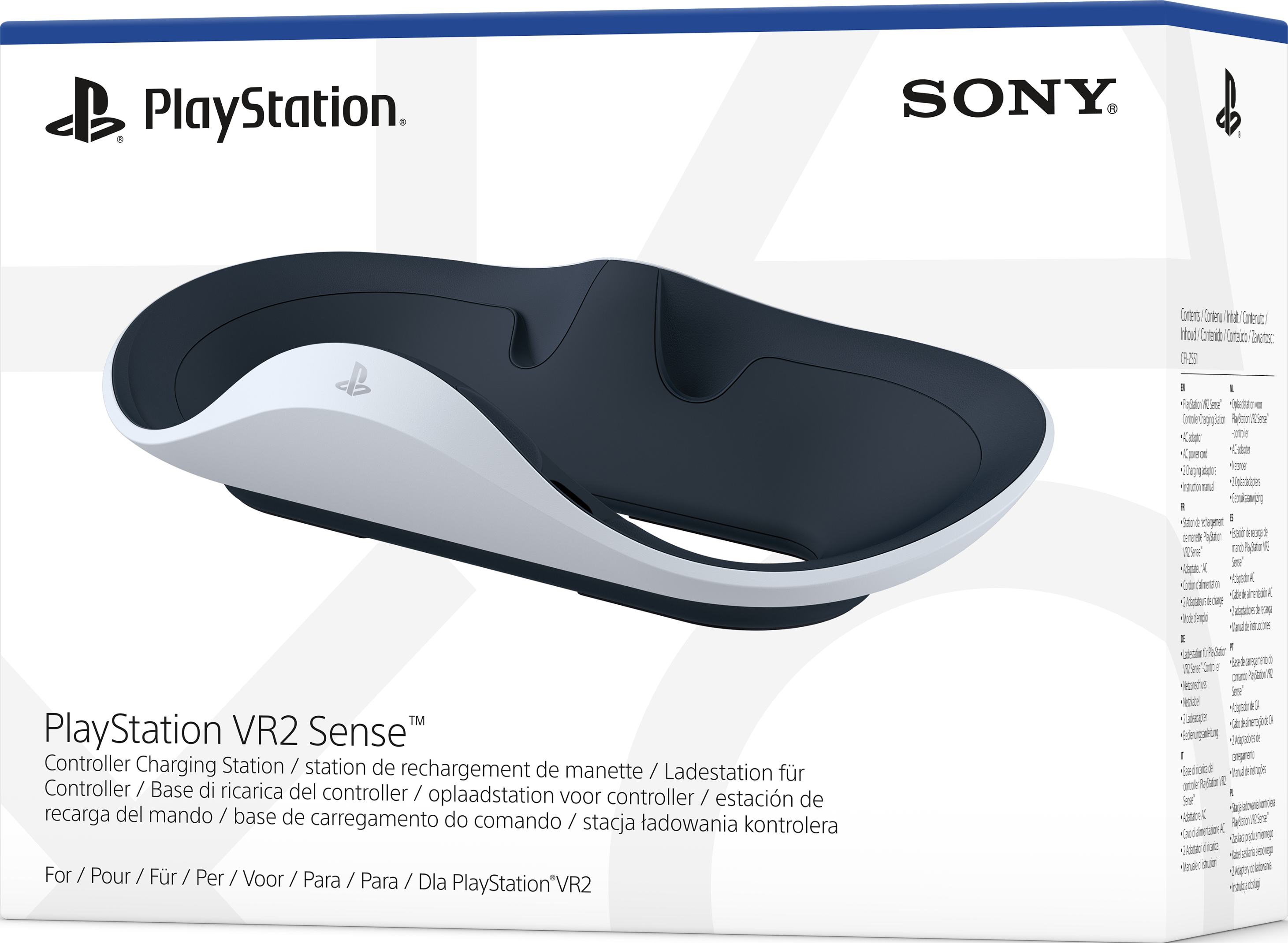 Boîte de la station de recharge du contrôleur PlayStation VR2 Sense, design blanc et bleu marine.