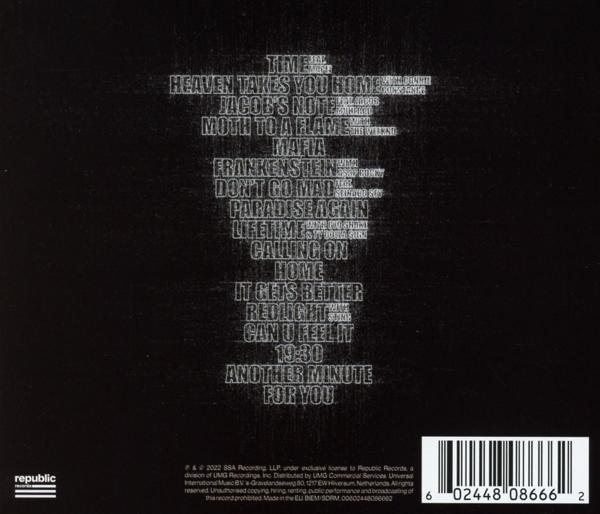Schwarzer Hintergrund mit weißen Songtiteln. Weißer Text. Enthält Songnamen wie TIME, MAFIA und CALLING ON.