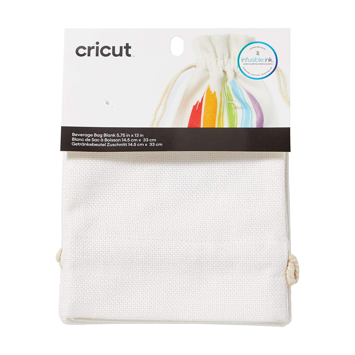 Una borsa di stoffa bianca con un disegno arcobaleno su un'etichetta nera. Testo: Cricut.