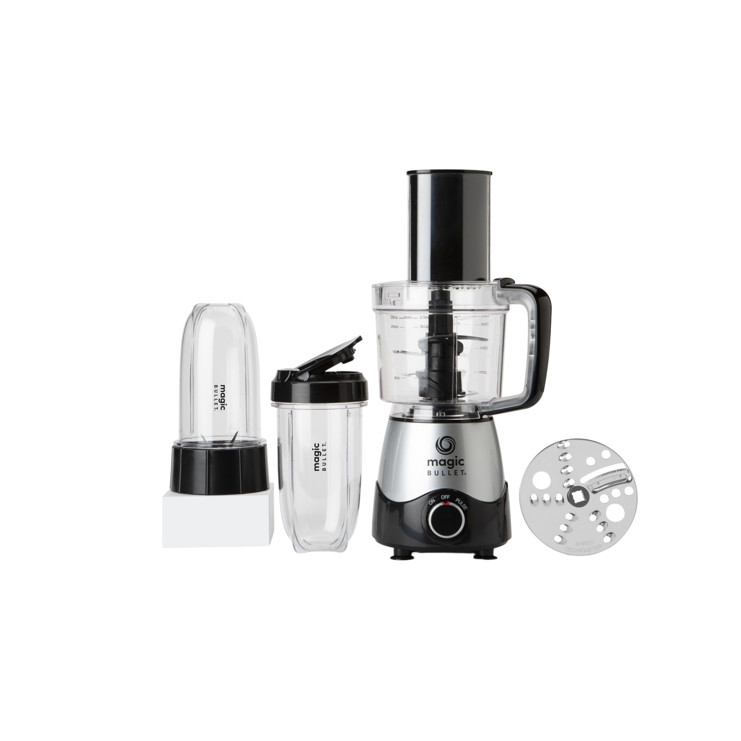 Magic Bullet blender set: Blender basis, twee bekers en een mes opzetstuk. Zwart en zilver.
