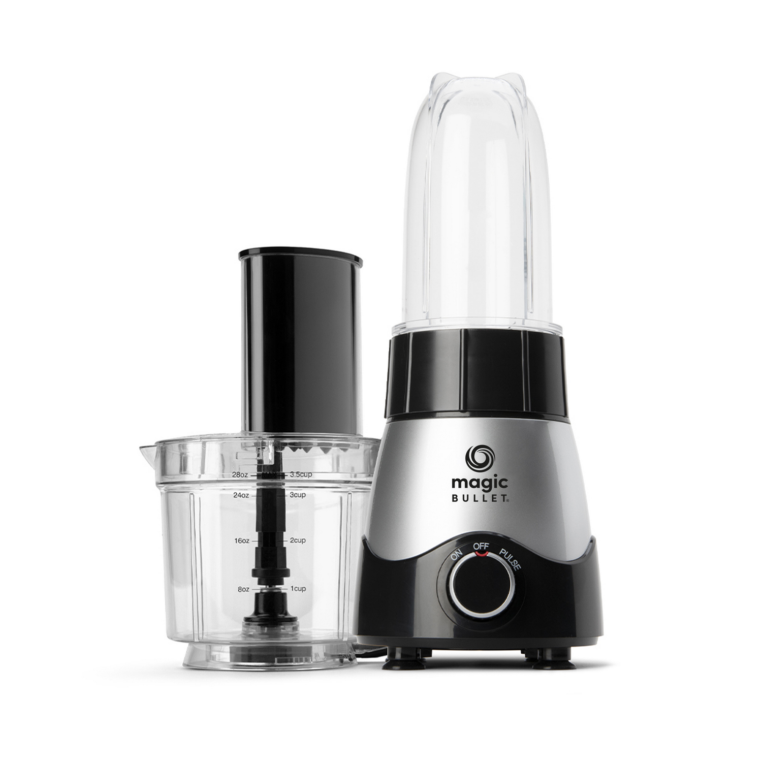 Blender uit twee delen met een doorzichtige container en een zilveren basis, op een wit oppervlak.