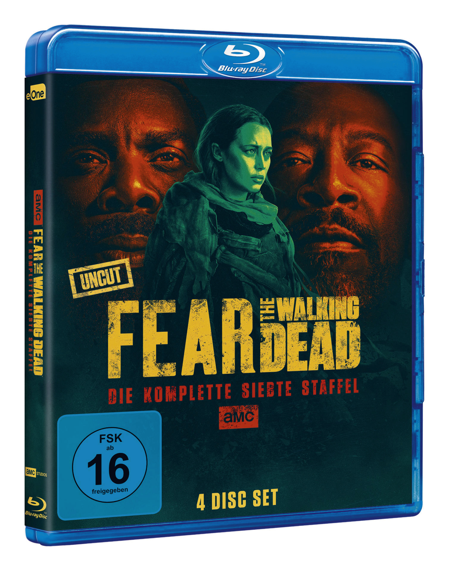 Blu-ray-Set von Fear the Walking Dead. Das Cover zeigt Gesichter von Charakteren, mit Text in Englisch und Deutsch.