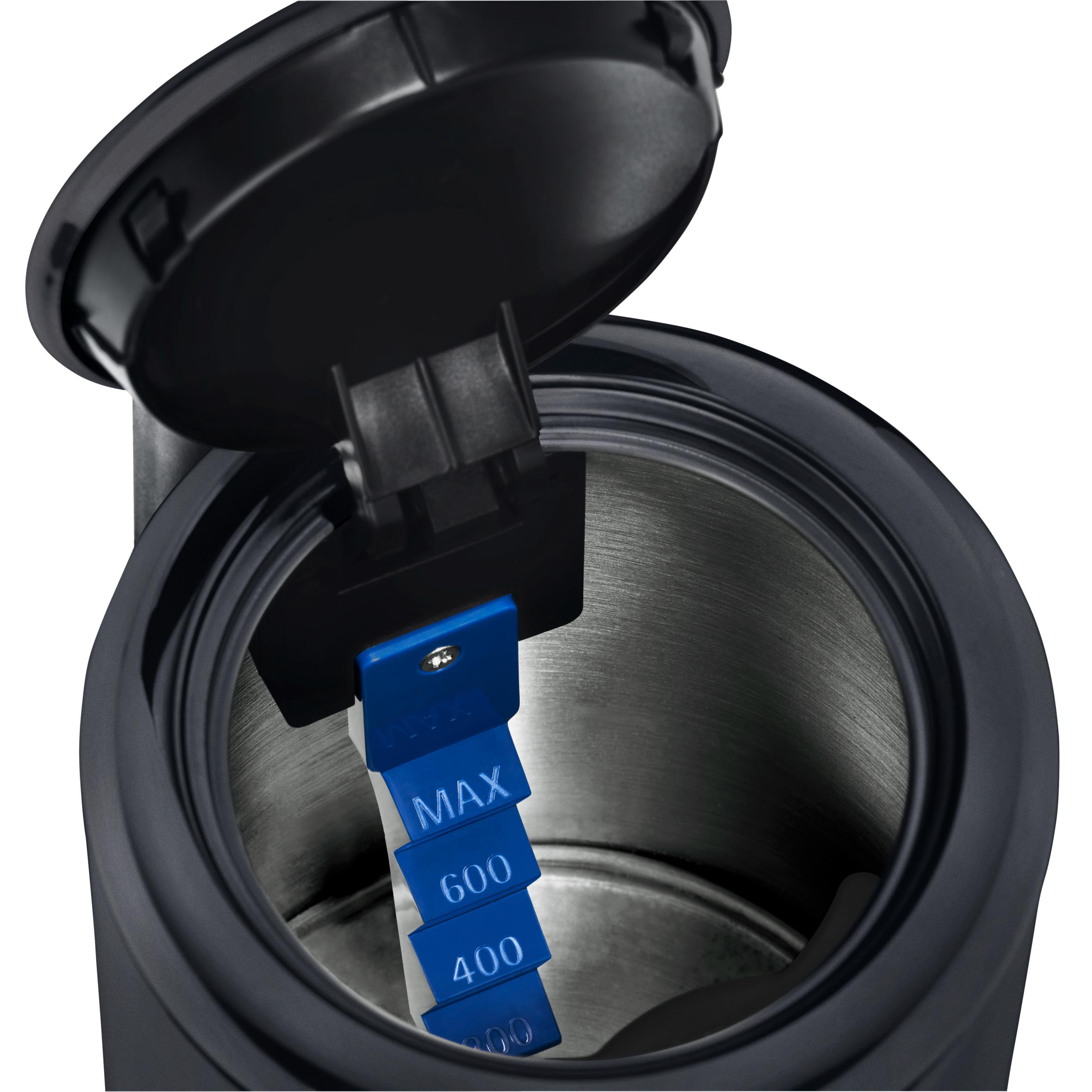 Schwarzer Wasserkocher mit offenem Deckel, blaue Skala im Inneren zeigt Wasserstände.