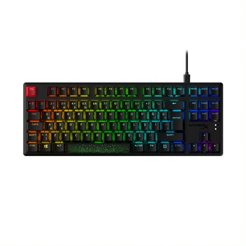 Siyah HyperX mekanik klavye, renkli tuşlar ve kablolu bağlantı.