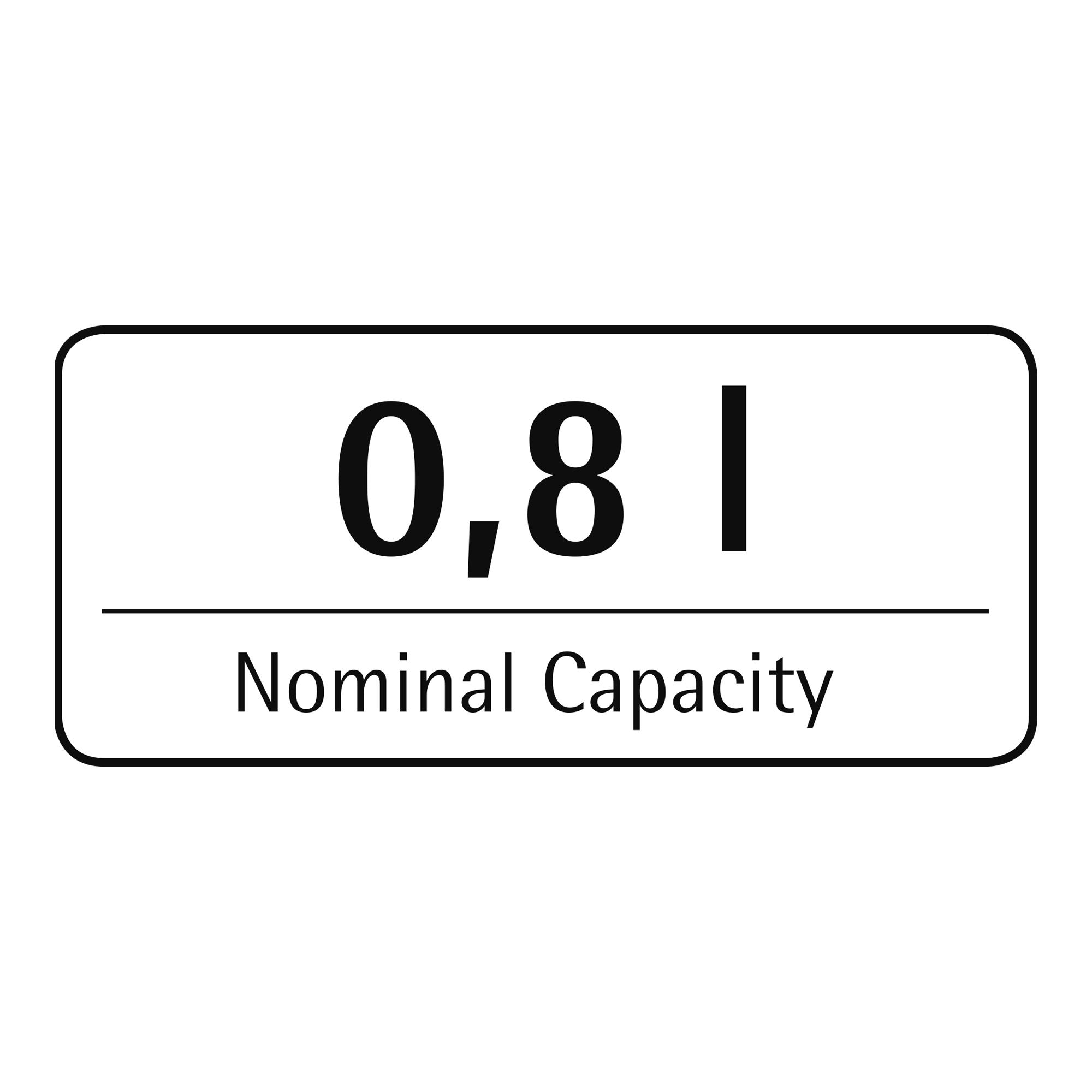 Etikett mit dem Text '0,8 l' und darunter 'Nominal Capacity'.