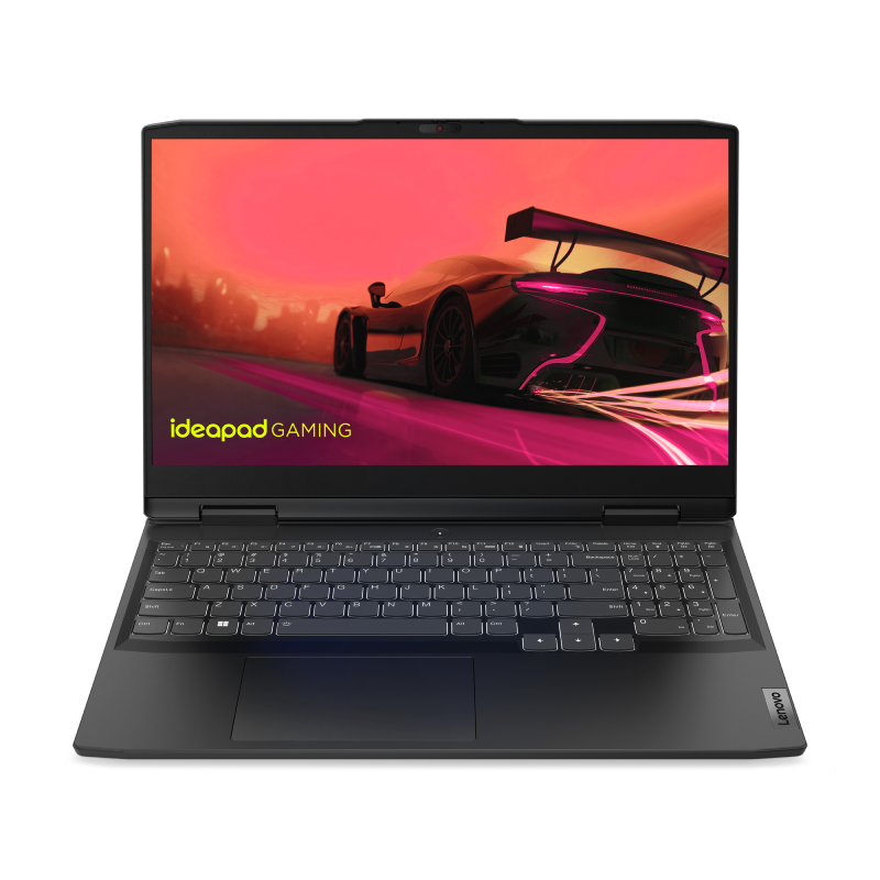 Una laptop Lenovo Ideapad gaming negra, abierta y mostrando un juego de carreras de autos en la pantalla.