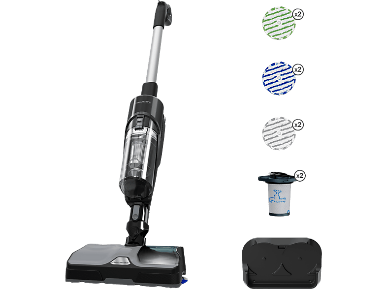 Aspiradora escoba  Rowenta X-Combo GZ3039WO, Sin cable, Aspira y friega a  la vez, Ultraligera, 215 W, 0.55 L, 60 min., Mopas lavables incl., Negro