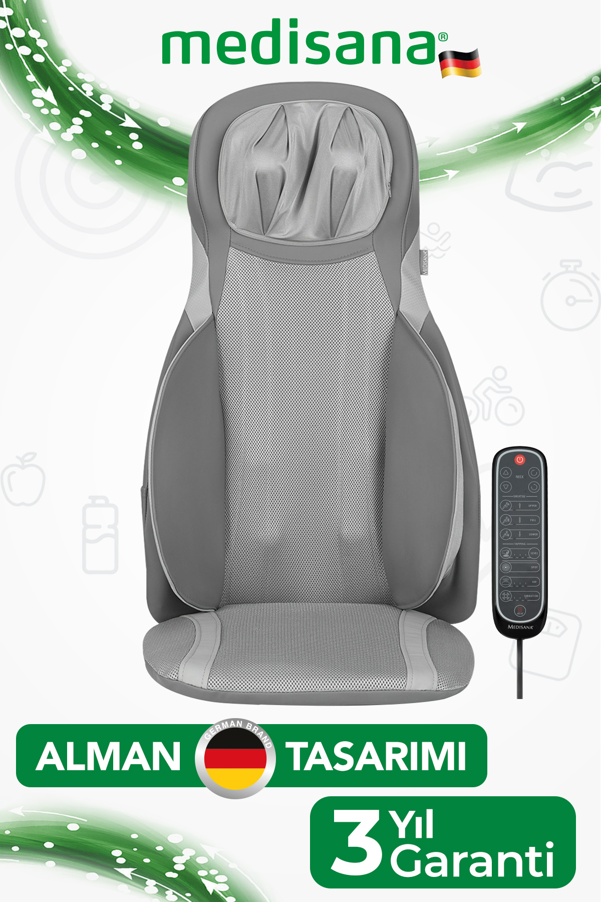 Gri masaj koltuğu, uzaktan kumanda ve Alman bayrağı logosu ile.