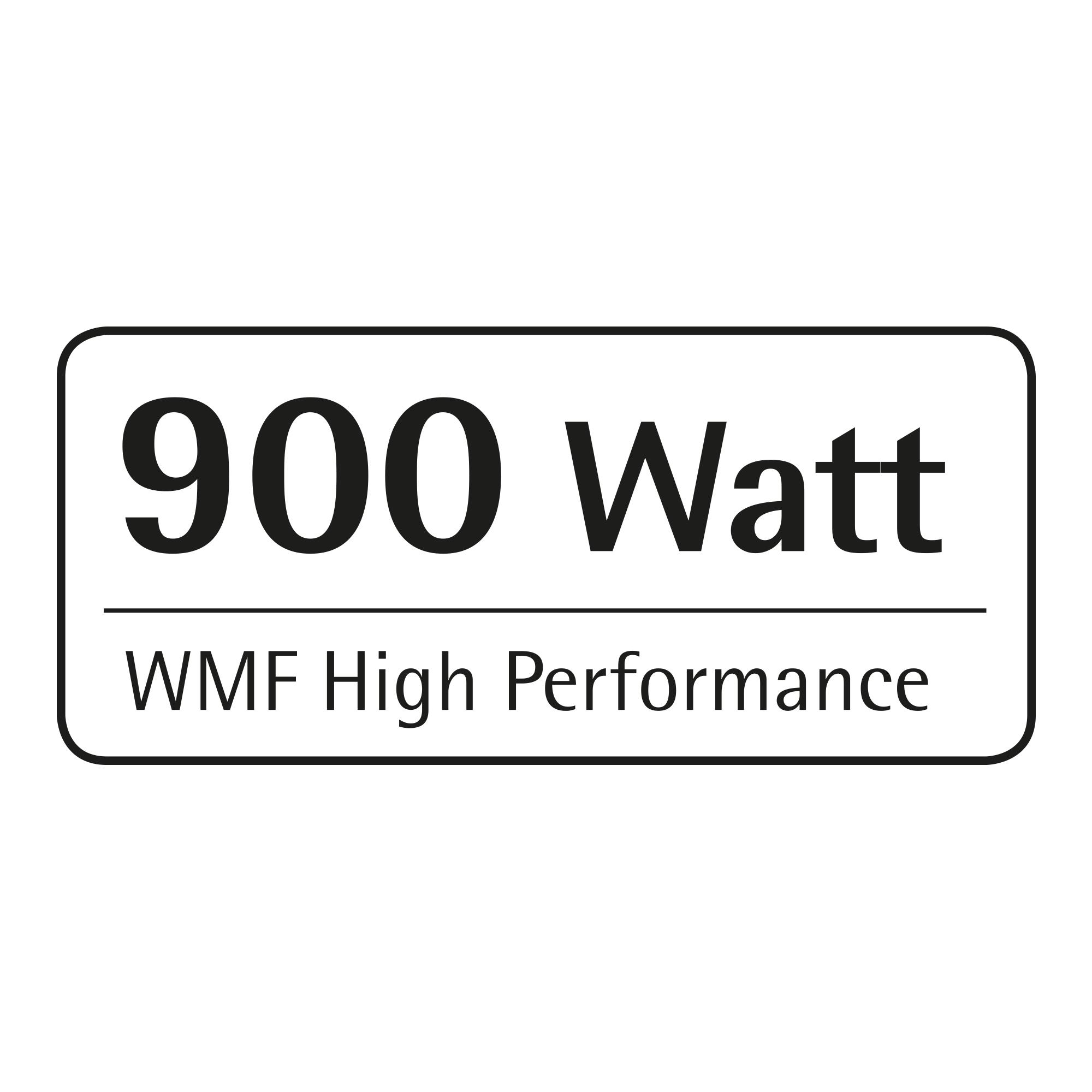 Ein weißes Rechteck mit dem Text '900 Watt WMF High Performance' in Schwarz.