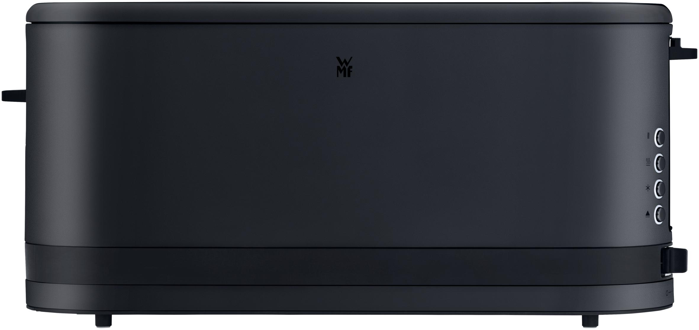 Schwarzer Toaster mit Knöpfen rechts, WMF-Logo. Basis und Oberteil sind flach.