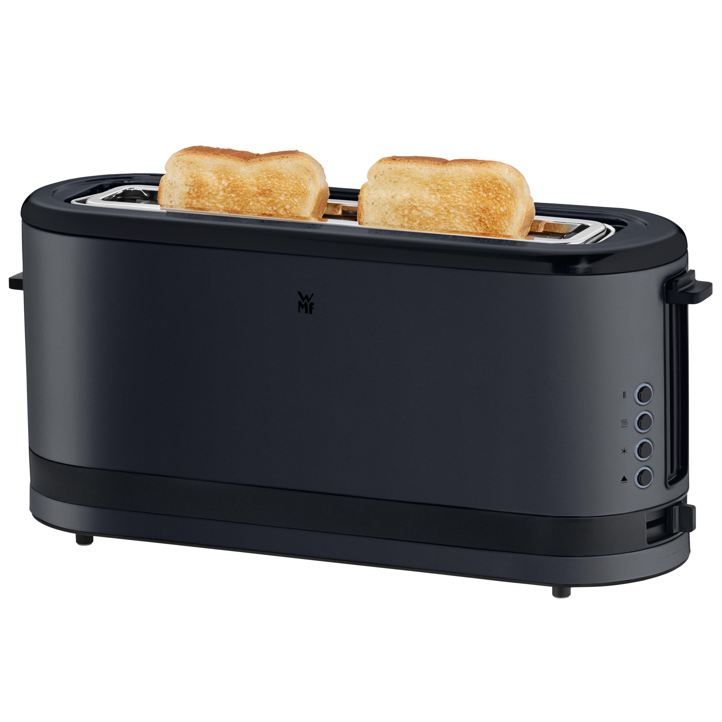 Schwarzer Toaster mit zwei Toastbrotscheiben. Knöpfe an der Seite.