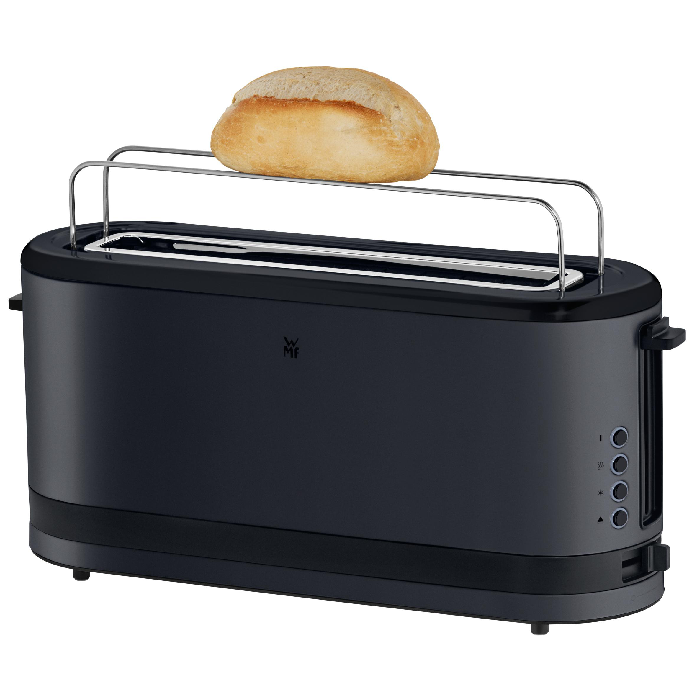 Schwarzer Toaster mit Brötchen. Der Toaster hat einen langen Schlitz und Knöpfe.