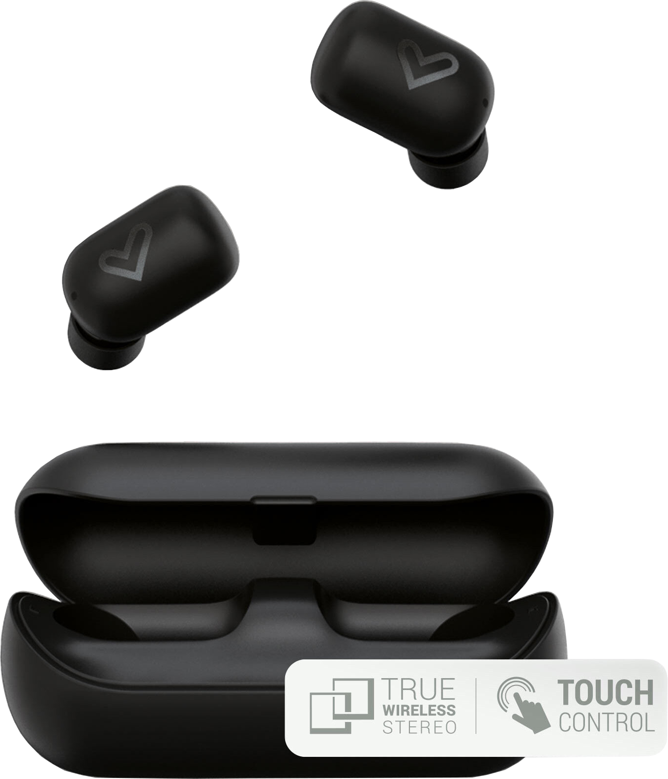 Fekete vezeték nélküli fülhallgató és töltőtok fekete háttéren, érintésvezérlő és True Wireless Stereo ikonokkal.