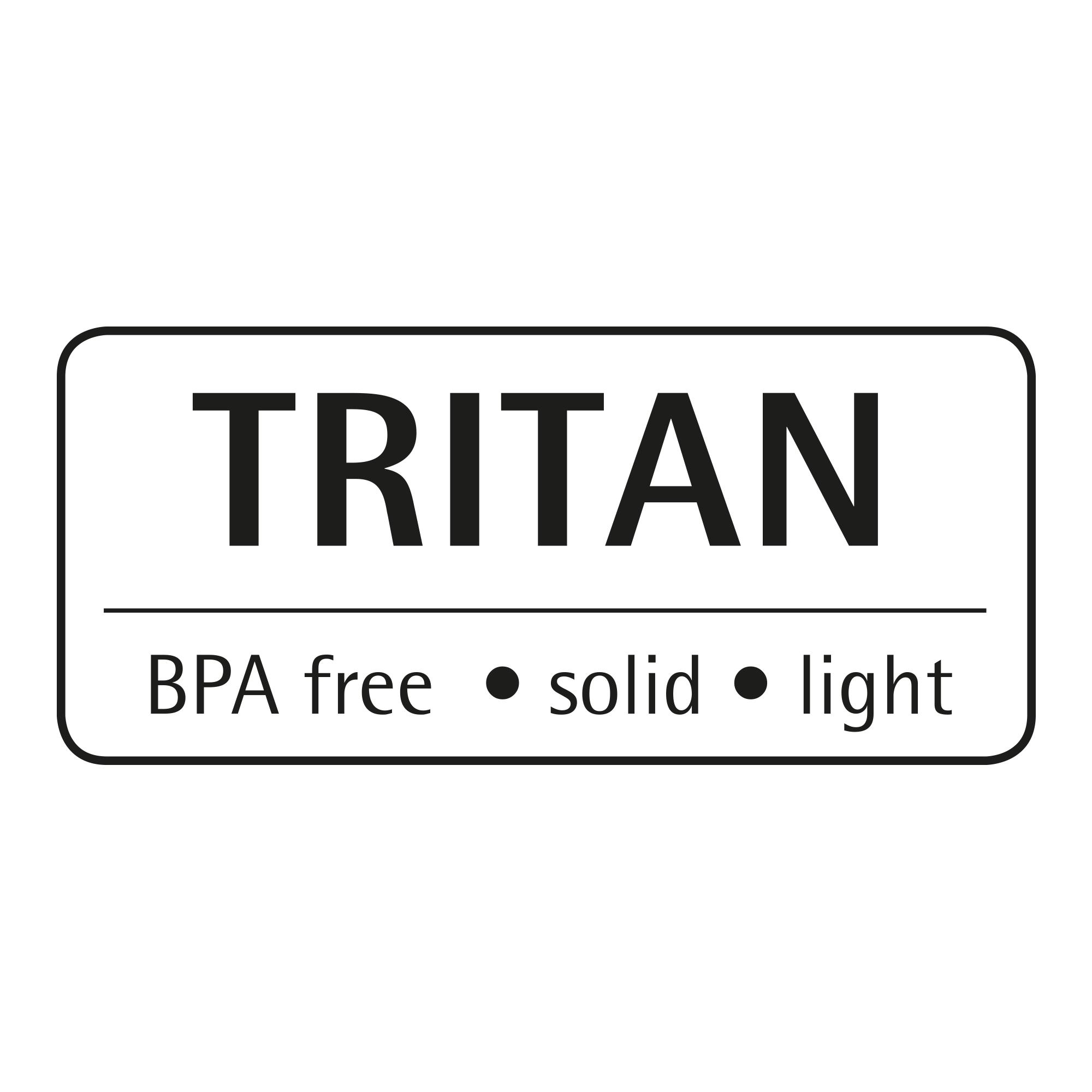 Weißes Etikett mit 'TRITAN' in fett. Text: BPA-frei, solide, leicht. Schwarzer Text auf weißem Hintergrund.