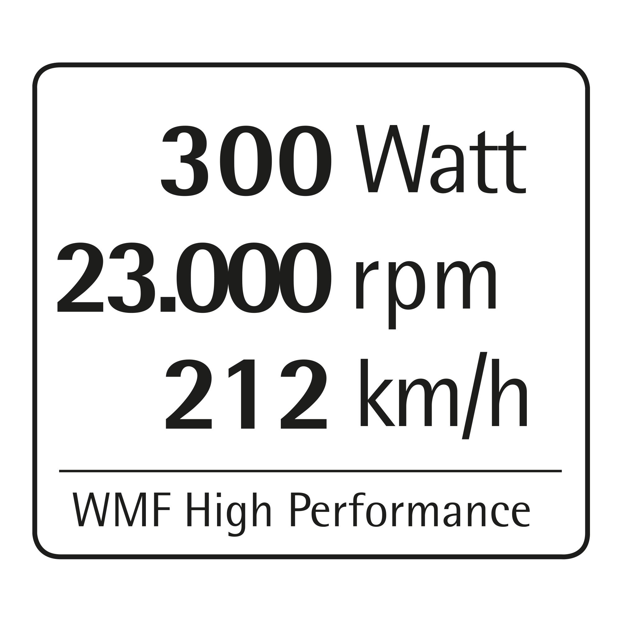 Ein schwarz-weißes Etikett mit Text, der 300 Watt, 23.000 U/min und 212 km/h angibt.