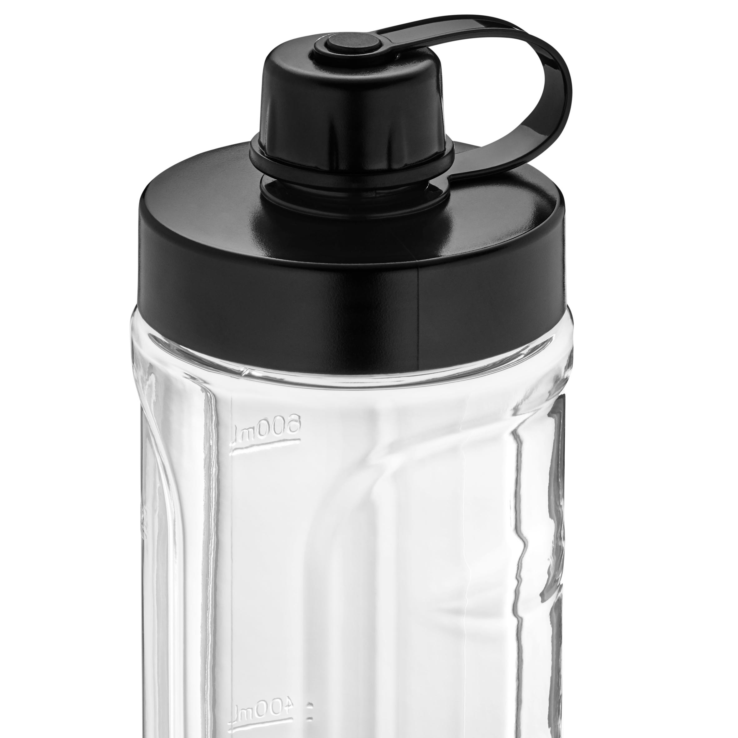 Transparente Wasserflasche mit schwarzem Deckel und Griff.