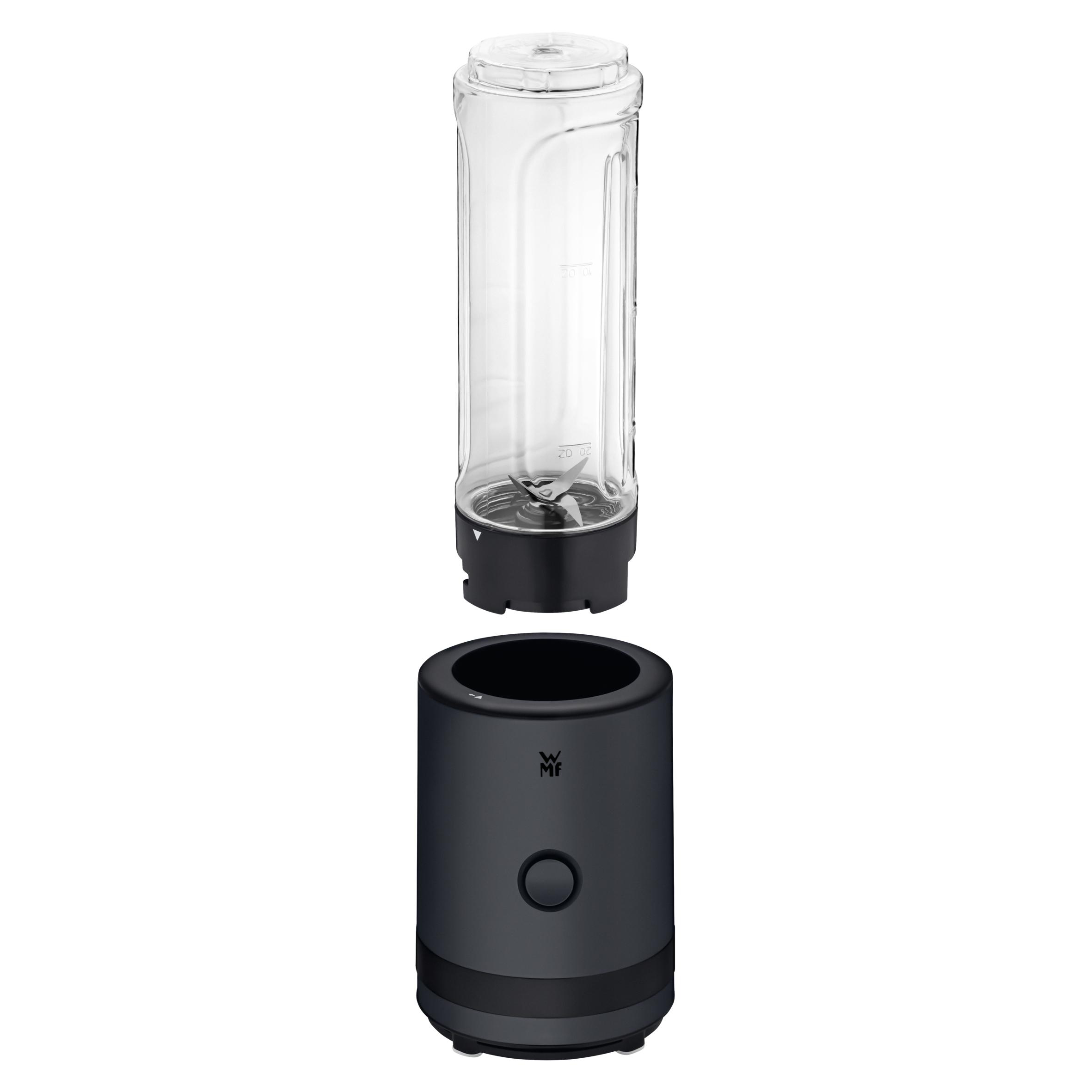 Schwarzer Blender-Sockel und eine transparente Tasse mit Klinge, getrennt zur Darstellung.