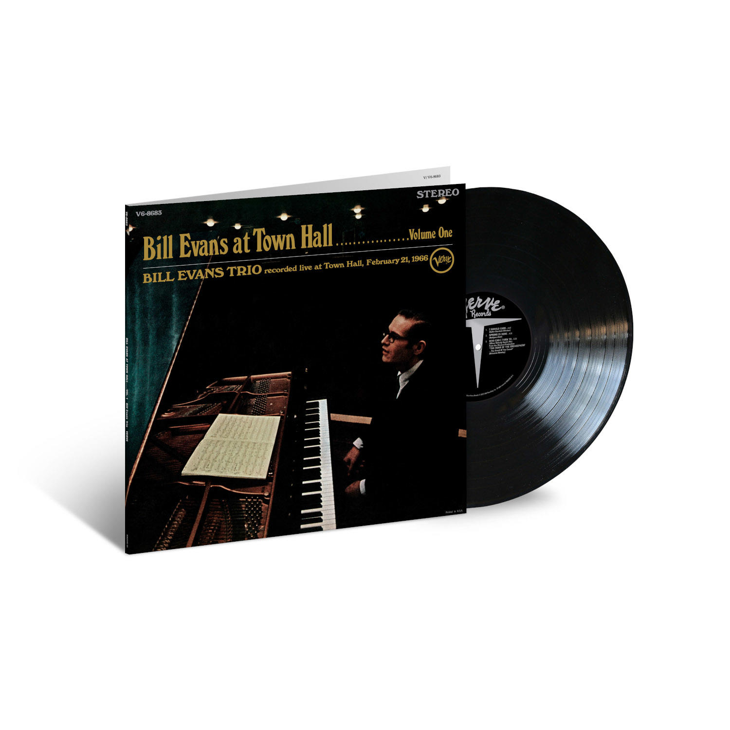 Eine Schallplattenhülle mit dem Albumtitel 'Bill Evans at Town Hall'. Sie zeigt einen Pianisten.