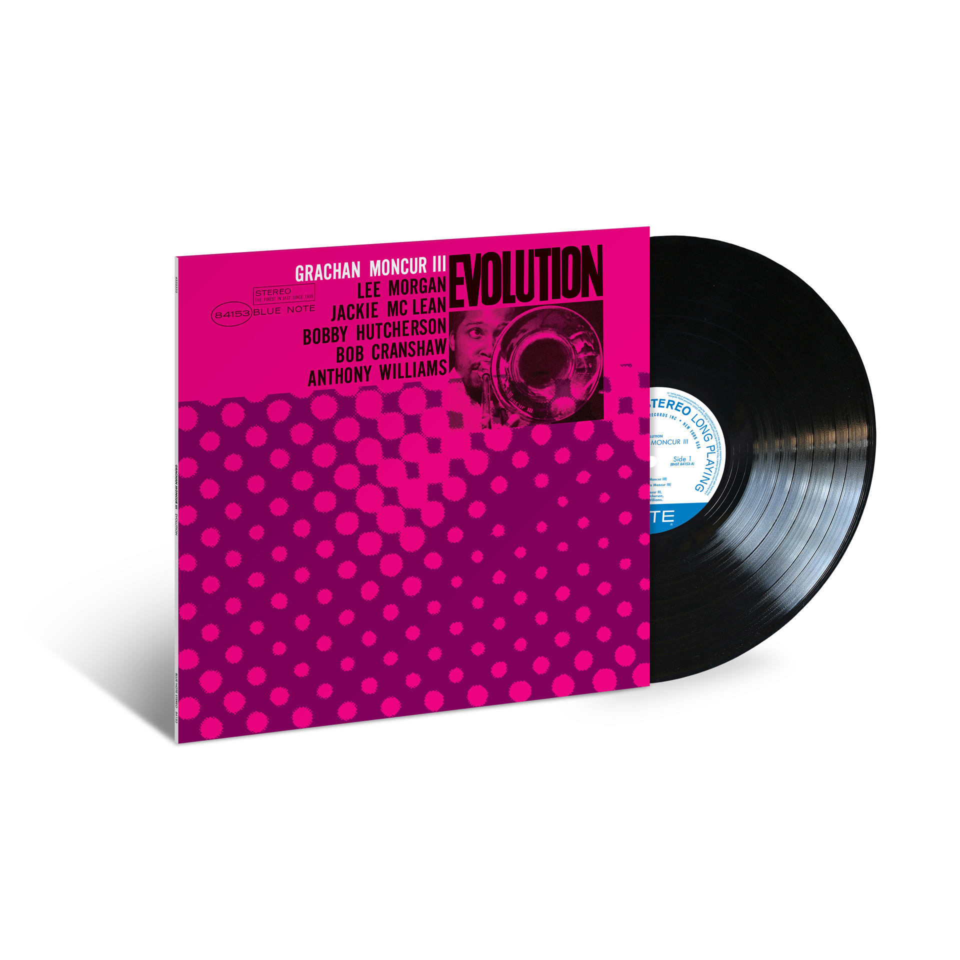 Grachan Moncur III Evolution LP-Schallplatte. Pinkes und lilafarbenes Cover mit schwarzer Vinylplatte.