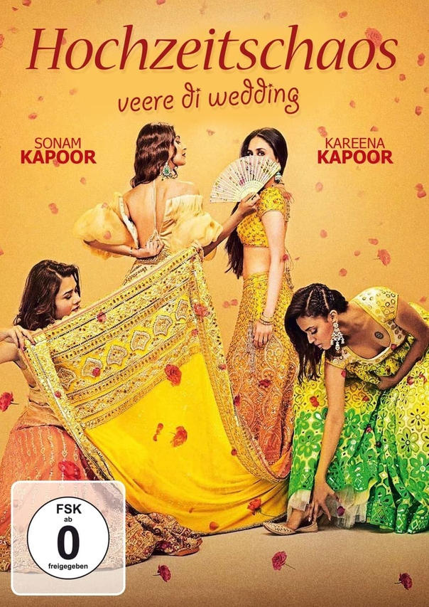 Filmposter mit drei Frauen in bunten Outfits und dem Titel 'Hochzeitschaos'.