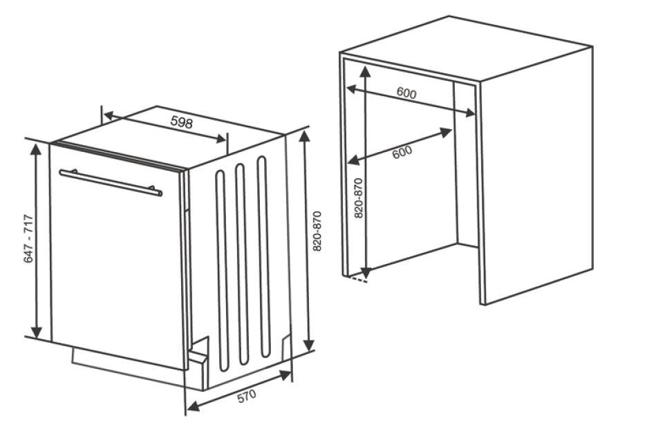 Diagramm eines Einbaugeschirrspülers und seine Abmessungen in einem Schrank.