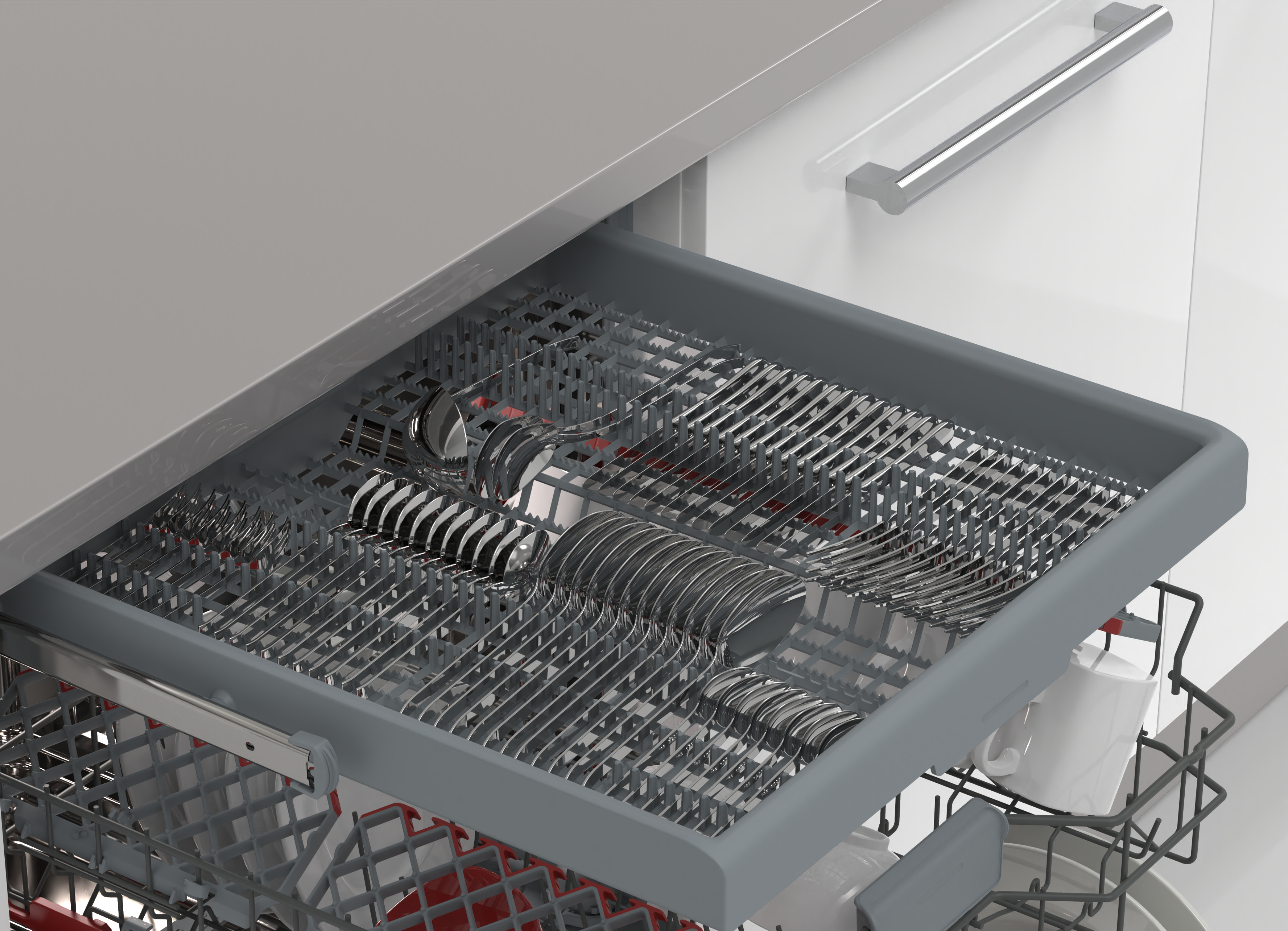 Eine Geschirrspülerschublade voller Silberbesteck, mit einem weißen Schrank und einem Metallgriff.