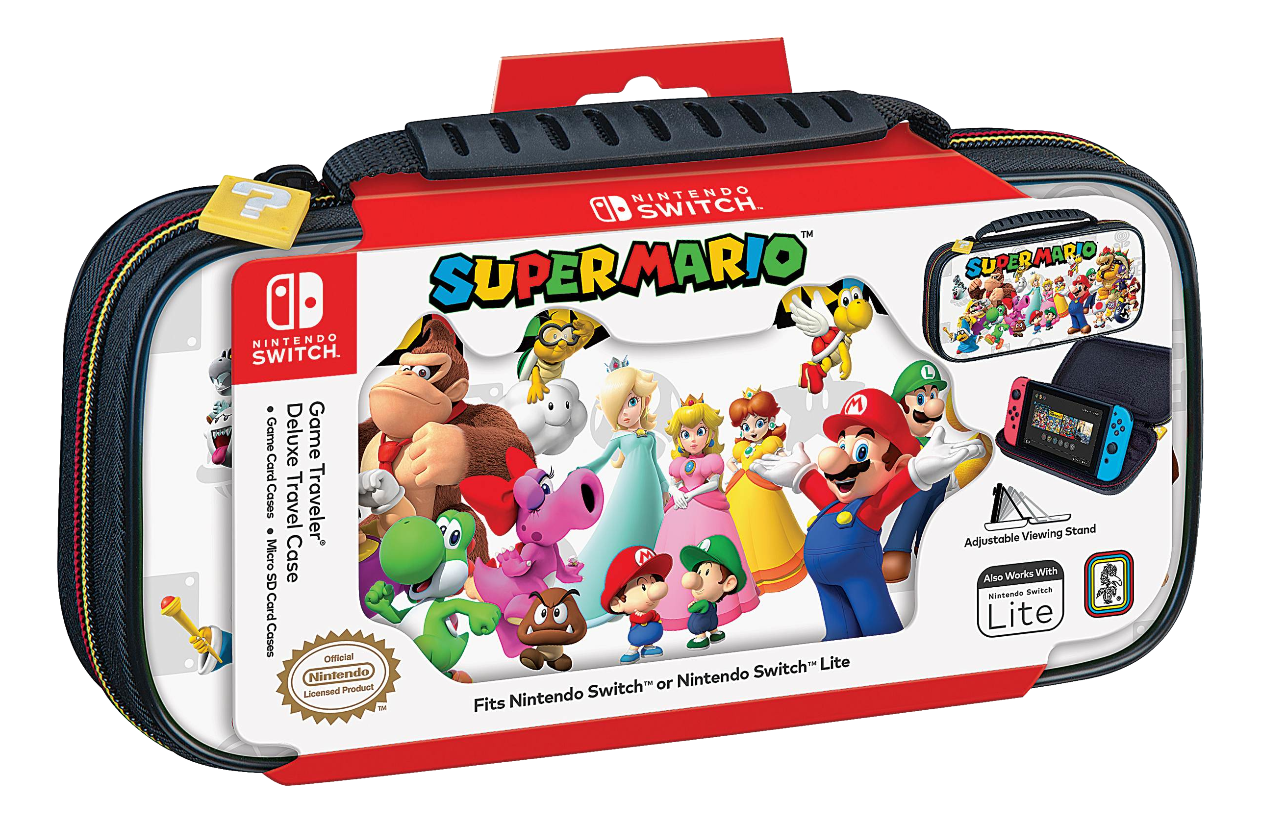 Super Mario Switch-Tragetasche mit Charakteren und dem Nintendo Switch-Logo.