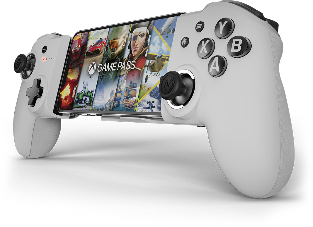 Manette de jeu blanche avec un téléphone affichant un jeu.