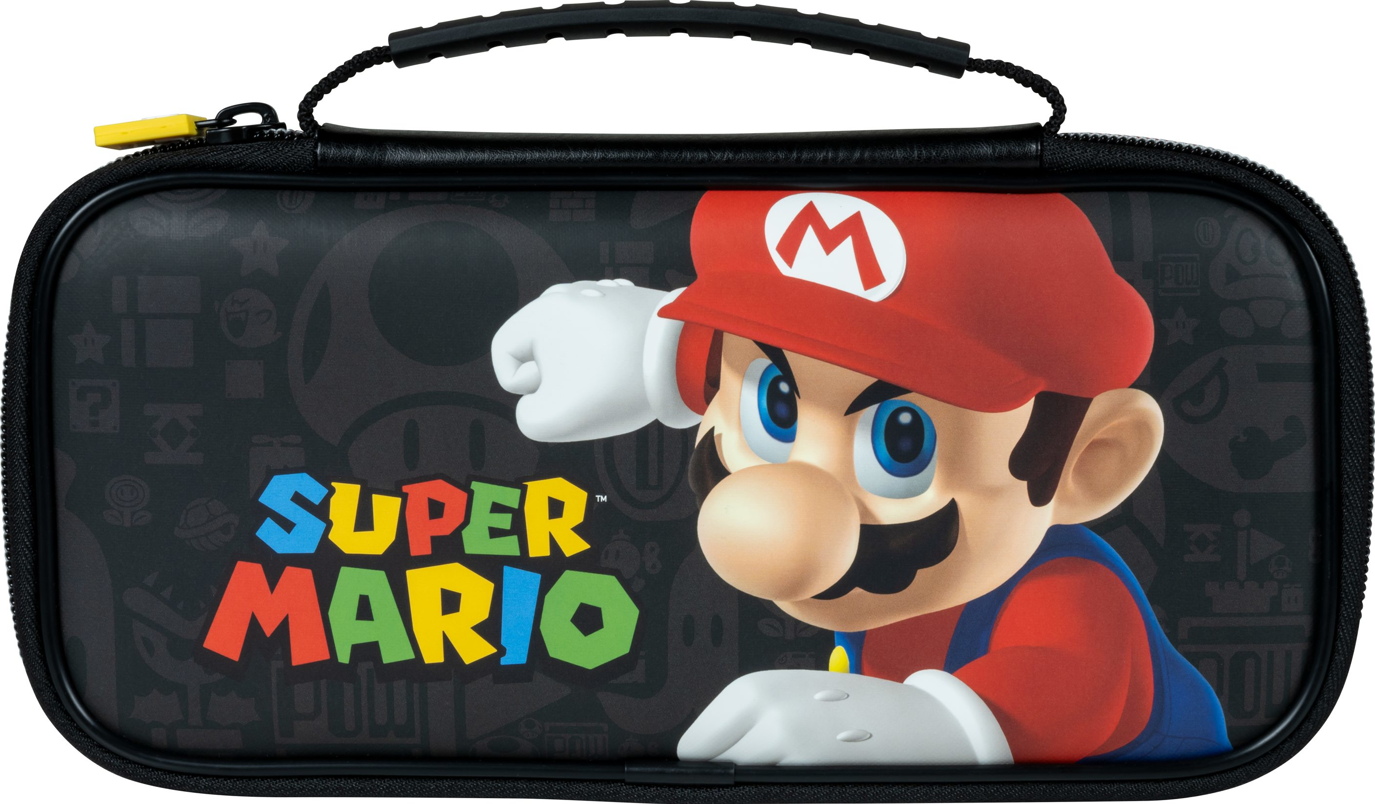 Super Mario Switch-Hülle mit Reißverschluss und Griff.