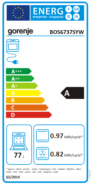 Energia címke egy Gorenje sütőhöz, amely energiahatékonysági információkat mutat.