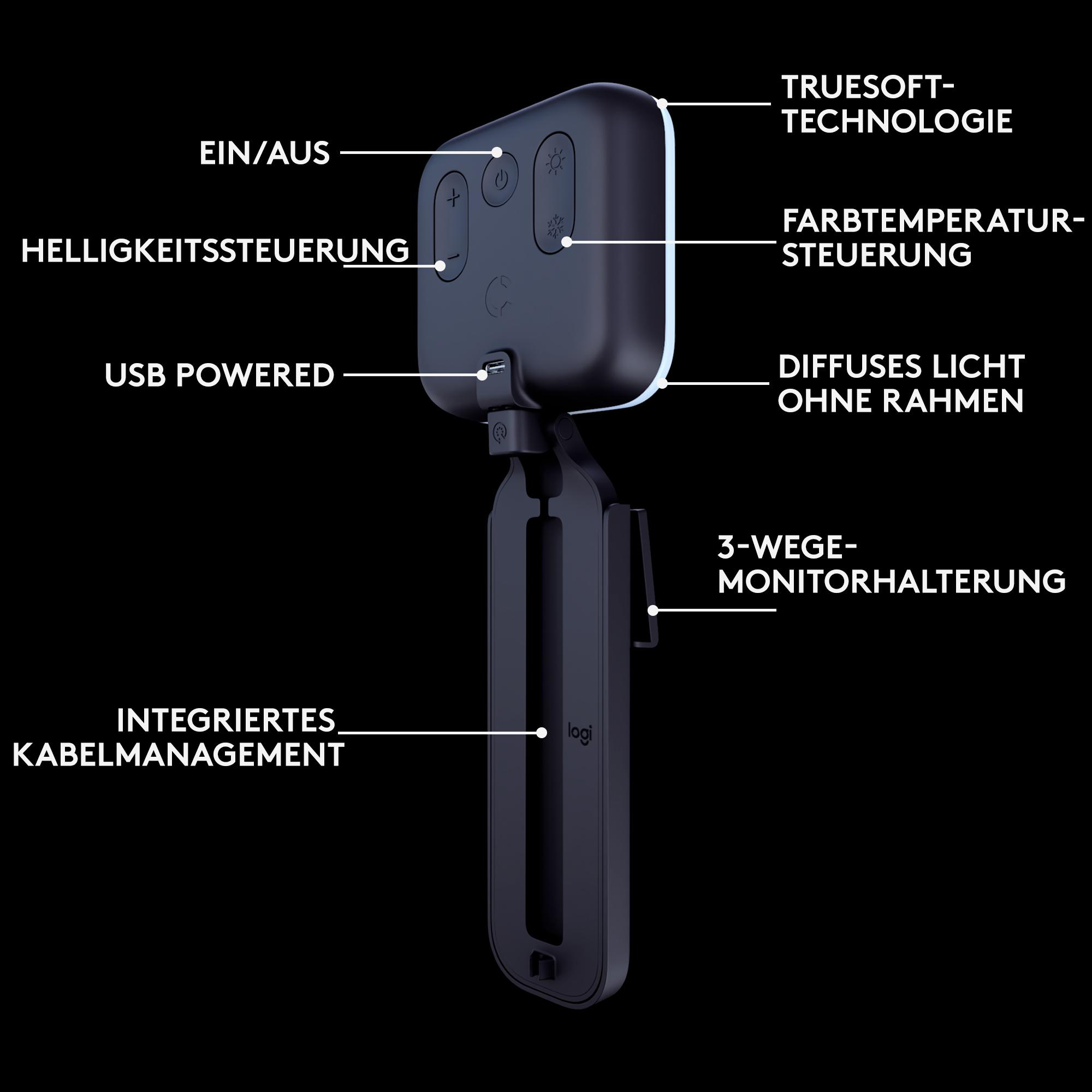 Schwarzes, rechteckiges Licht mit Etiketten. Enthält Helligkeitsregelung, USB-Anschluss und 3-Wege-Monitorhalterung.