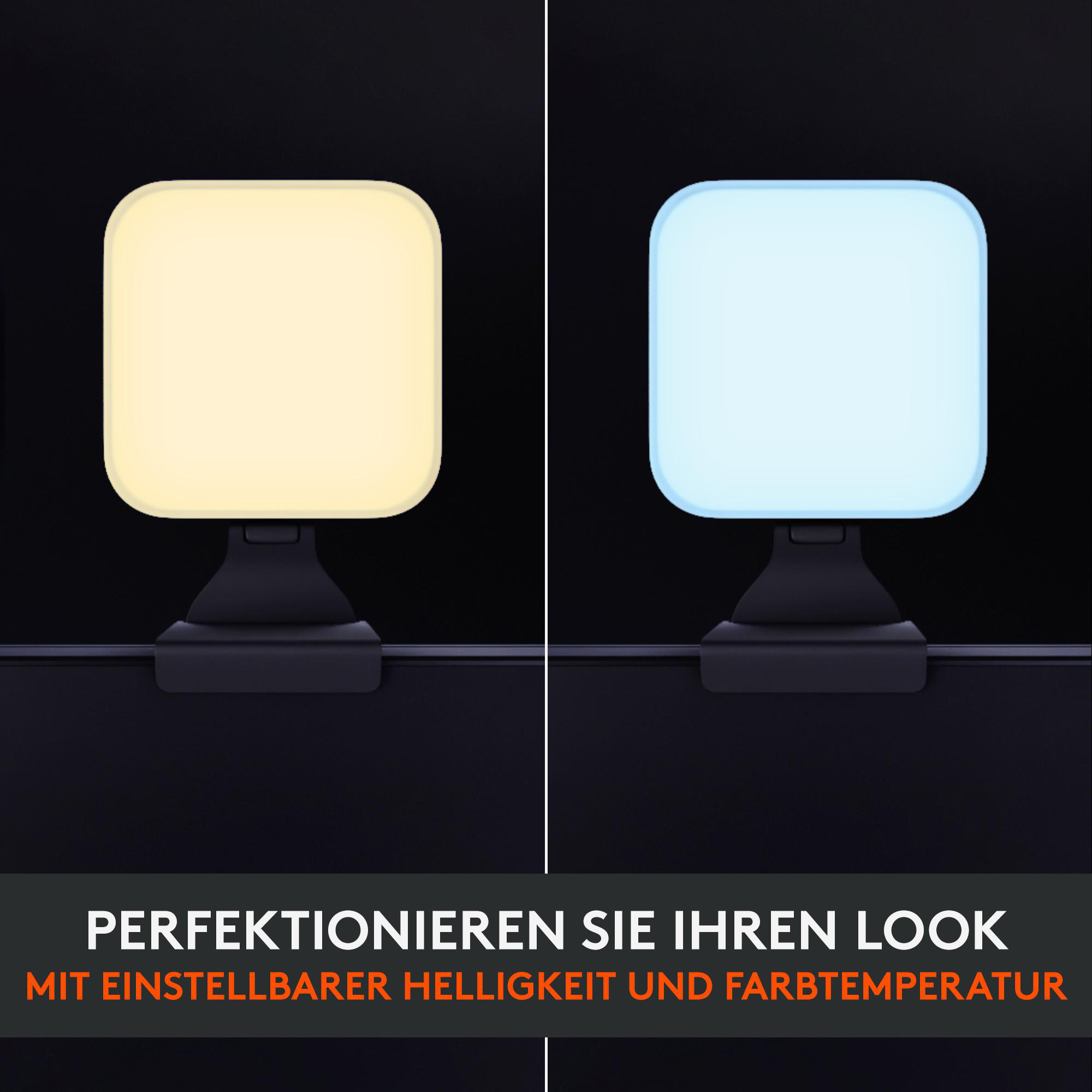 Zwei kleine quadratische Lichter, eines gelb, eines blau. Beide stehen auf Ständern vor dunklem Hintergrund.