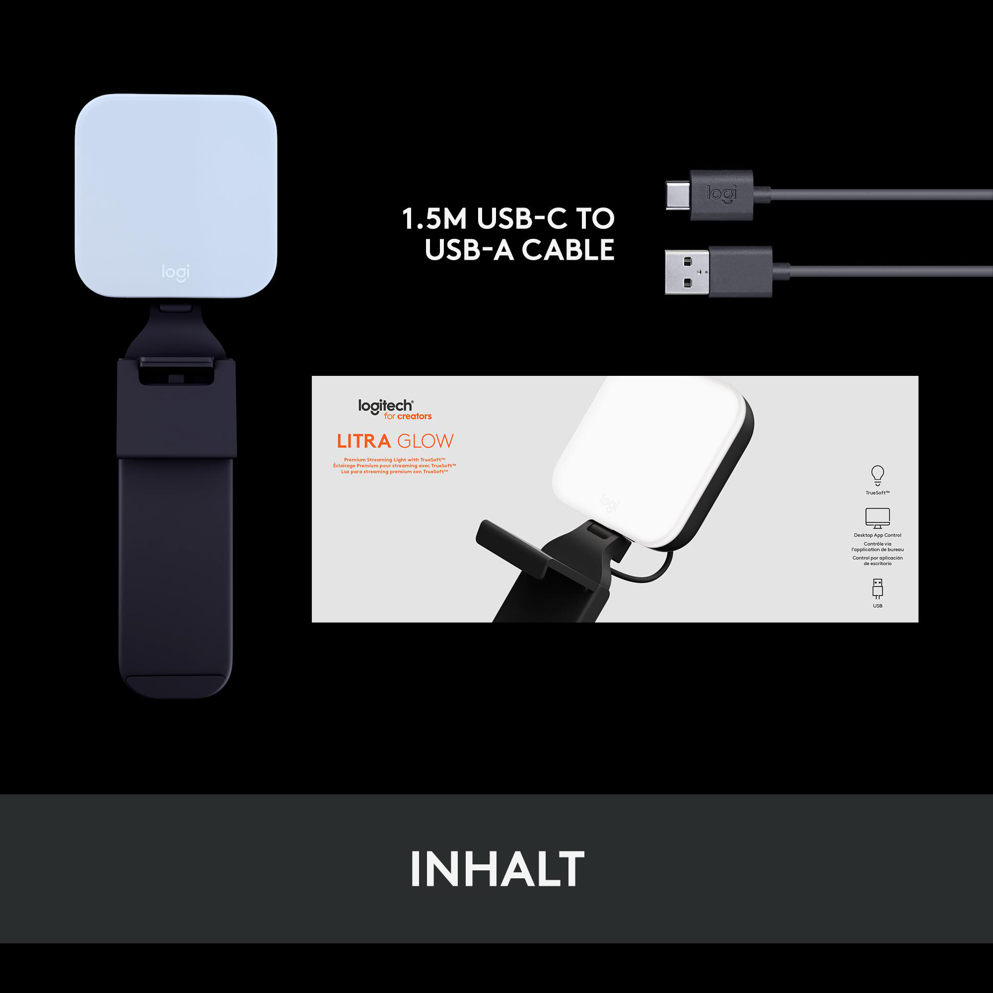 Logitech Litra Glow Licht-Kit. Enthält Licht, Ständer und USB-C-Kabel, auf dunklem Hintergrund.