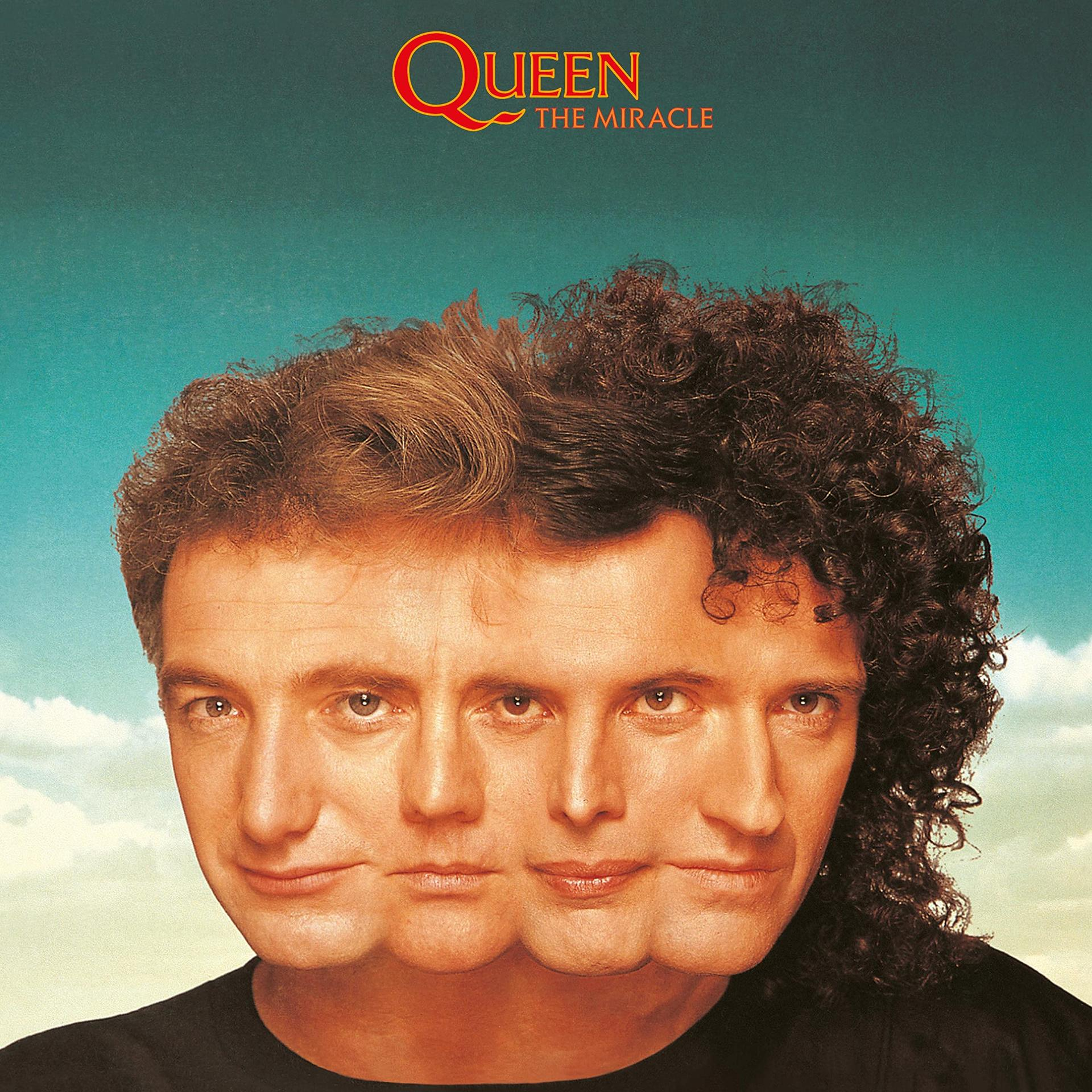 Queen album borító: négy arc. A cím QUEEN, The Miracle. Kék és világoszöld háttér.